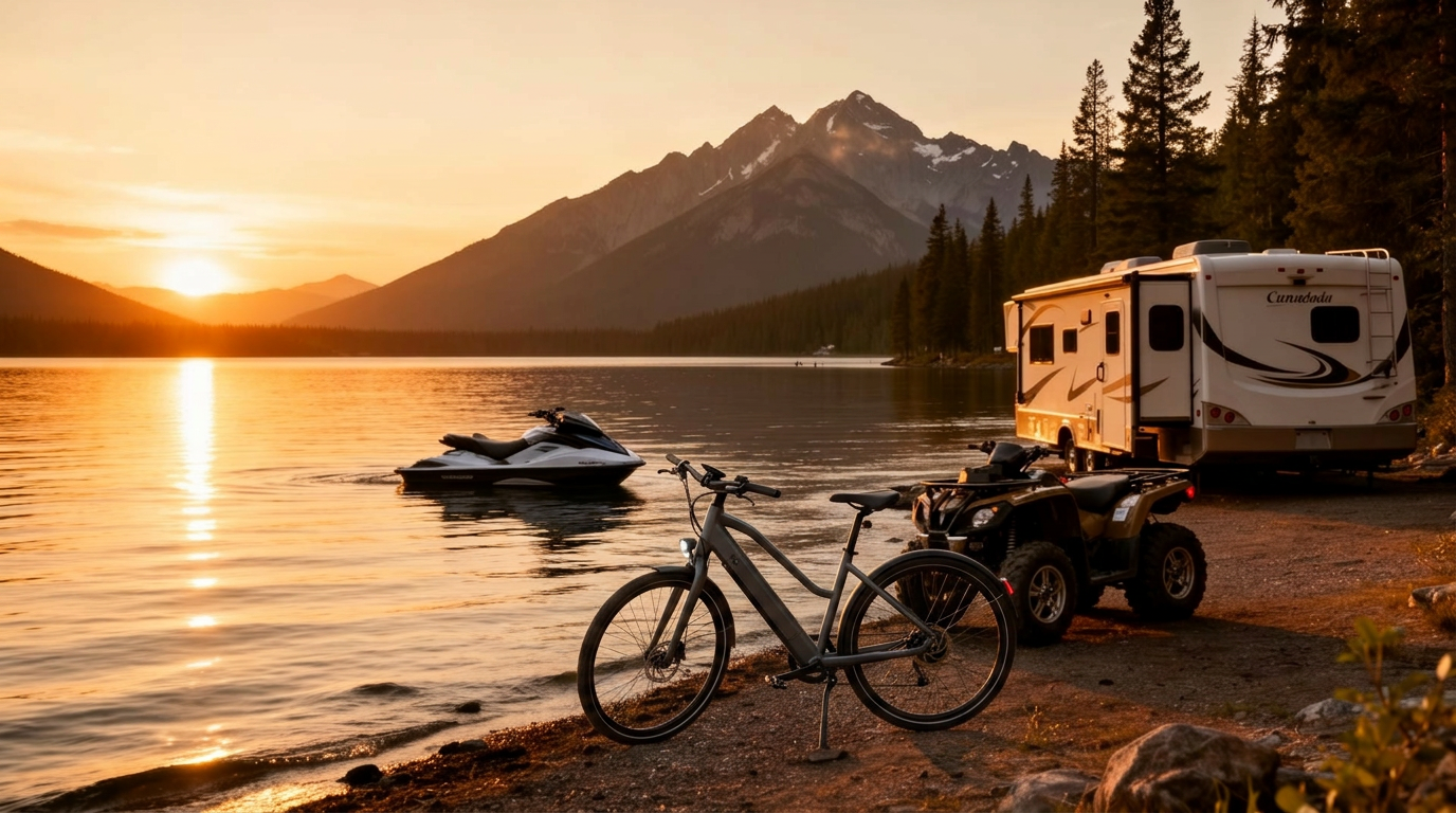 RV, jet ski and ATV at sunset by a Canadian mountain lake